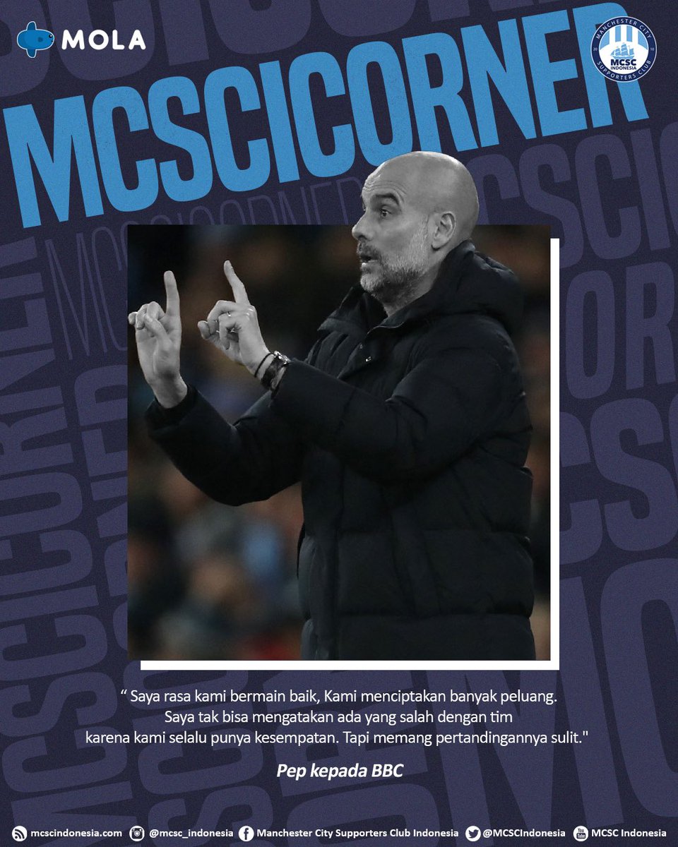 Pep menyayangkan hasil minor yang didapat tim asuhannya kala berjumpa Tottenham Hotspur. Kehilangan poin penuh tentunya menjadi pecutan Pep untuk mengarungi sisa pertandingan Premier League musim ini. 

#MCSCINDONESIA #MANCITYOSC #MCSCIxMOLA #MCSCISAYNOTOPIRACY
