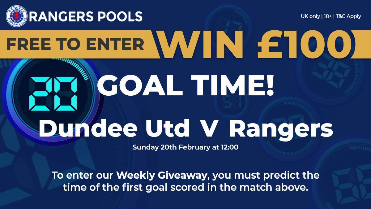RangersFCPools's tweet photo. 🚨 LAST CHANCE 🚨
It’s your last chance to enter our weekly competition for the change to win £100! 🤩
Simply predict the time of the first goal in today’s game against Dundee Utd.
Enter here for FREE: https://t.co/TzQmmrCytw
#RangersFC #RangersPools https://t.co/jR4iC7SM2x