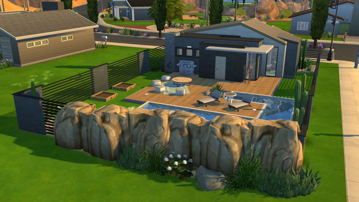004C_'s tweet photo. Gave the #smallsimsieshell challenge a try. Diseñar los techos fue dificilísimo, de ahí el desafío. Also struggled with the outdoor space. Modern builds are my comfort zone, but I tried to—and failed in—heavily utilising the terrain manipulation tools. #ShowUsYourBuilds https://t.co/EpDt5xIget