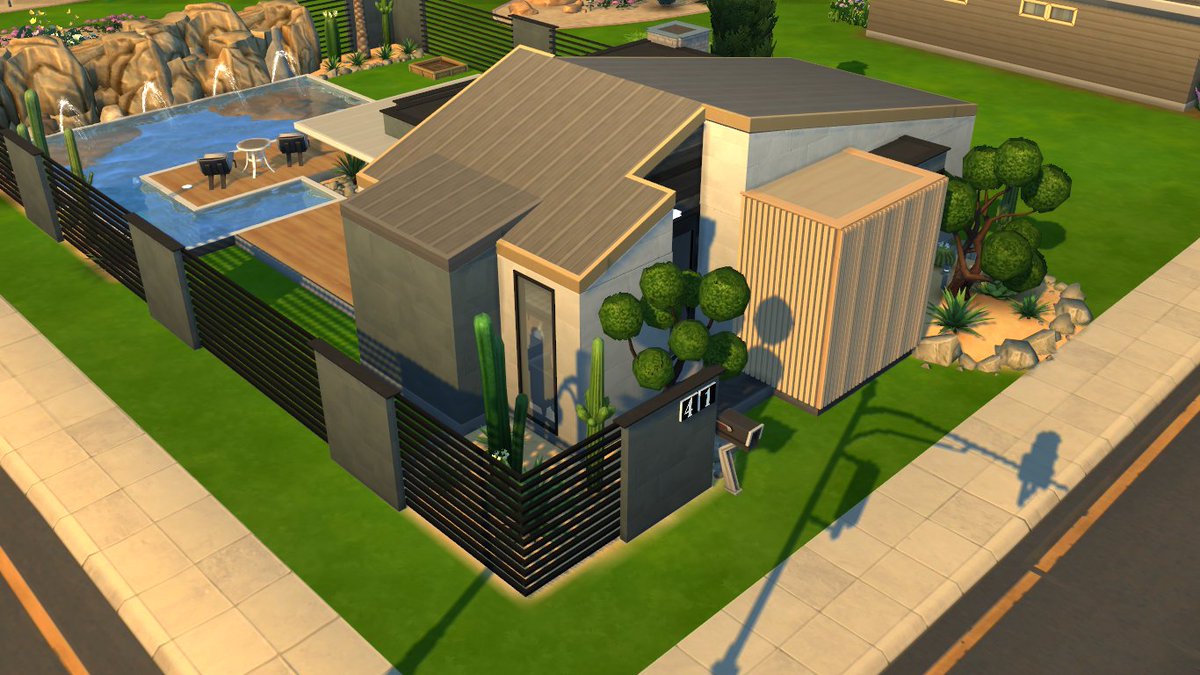 004C_'s tweet photo. Gave the #smallsimsieshell challenge a try. Diseñar los techos fue dificilísimo, de ahí el desafío. Also struggled with the outdoor space. Modern builds are my comfort zone, but I tried to—and failed in—heavily utilising the terrain manipulation tools. #ShowUsYourBuilds https://t.co/EpDt5xIget