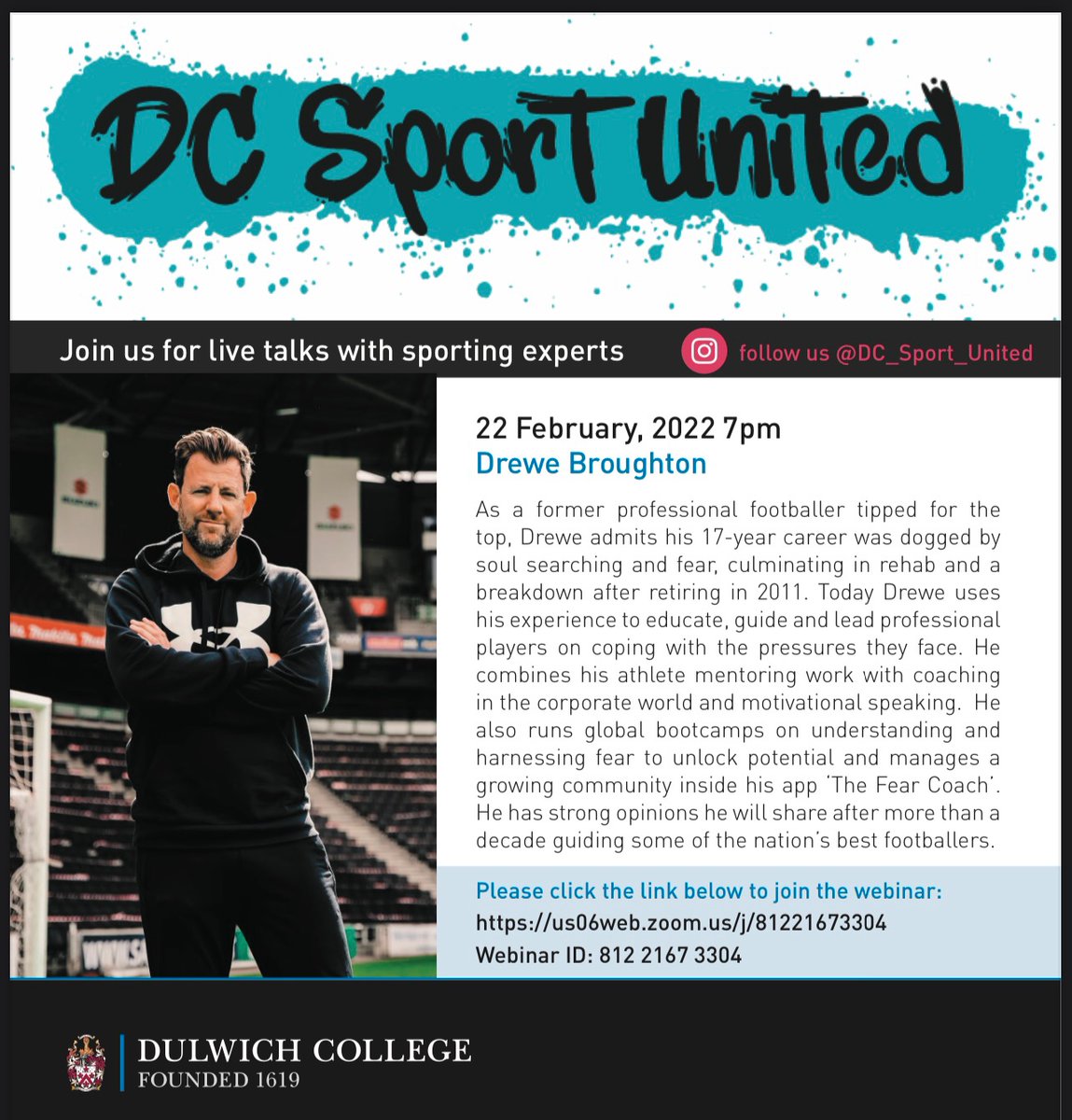 EACTCityHeights's tweet photo. This weeks live webinar run by our partner school @DulwichCollege is with ex pro footballer turned mentor Drewe Broughton talking about how to harness fear to unlock your potential! Log in on Tuesday and join us for this great talk! #mentoring #elitesport #coaching #partnership https://t.co/JDuhRuVKA7