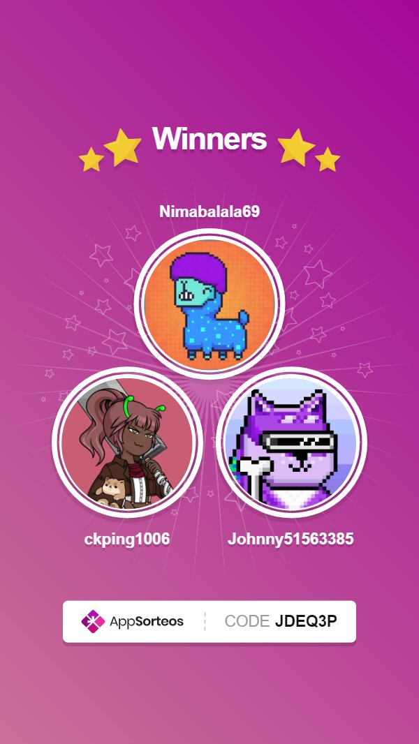 Congratulations <a href="/ckping1006/">K-ping Chang</a> <a href="/Nimabalala69/">王琮暉</a> <a href="/Johnny51563385/">Johnny Tr</a> 
恭喜以上得獎者，請在30分鐘內私訊我錢包地址
Please DM me your wallet in 30 minutes.
Their spot is closing soon!!