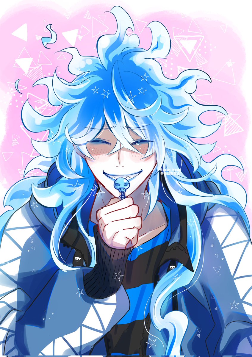 1boy male focus long hair solo blue hair closed eyes smile  illustration images