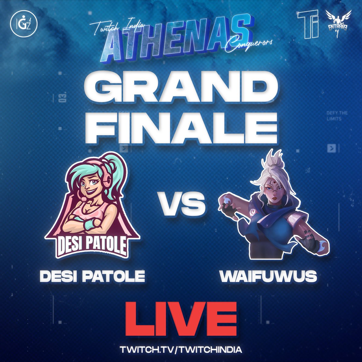 The day is finally here!
The Grand Finale of Ti Conquerors: Athenas co-sponsored by Entrare eSports! 
Tune in to twitch.tv/twitchindia to see which team takes away the title of "Athenas" by rising above the rest.

<a href="/TwitchTVIndia/">Twitch India</a> <a href="/PlayIGZ/">IGZ</a> 
#Entrare #FromTheAshes #Valorant
