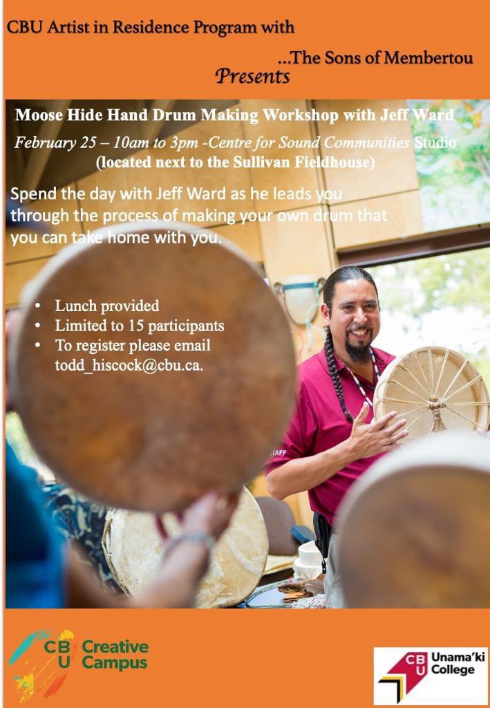 CBU_Boardmore's tweet photo. Learn to make Hand Drum with Jeff Ward

Only 15 seats are available. To Register email to todd_hiscock@cbu.ca. 
Lunch will be provided
#TheSonsofMembertou https://t.co/St2VmJ2rS6