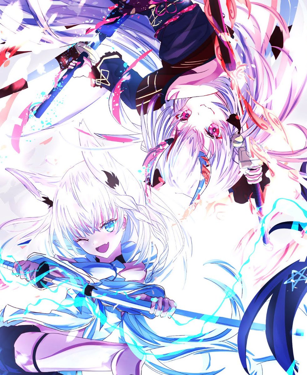 百鬼あやめ ,白上フブキ 「#ド直球に言いますがフォローしてください 
帯刀していたりカッコつけてたりするホ」|タツナ@skeb募集中のイラスト