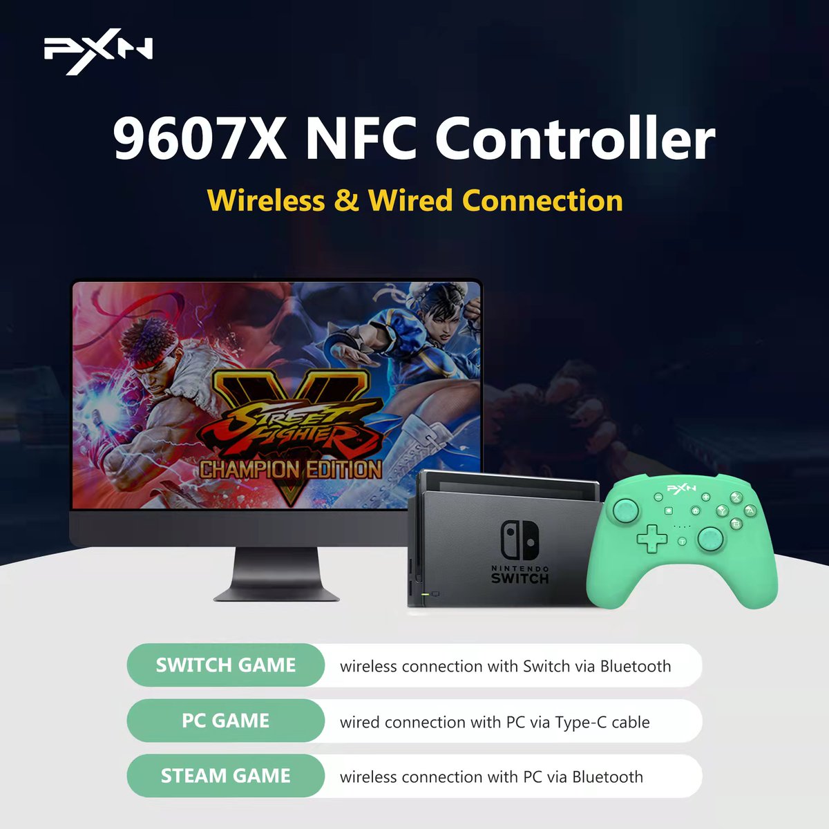 PXNgame's tweet photo. 9607X NFC controller supports both wireless and wired connections. 😎Really cool to play Switch and Steam gaming without any restraint via a wireless connection. Do you want to have a try?🙆

#PXN
#PXNController https://t.co/xWMzdd4Znv