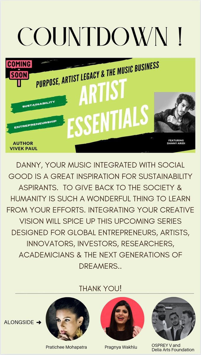 Vivek Paul (@vivekpaul) on Twitter photo 🆕 #Countdown <> #ArtistEssentials a Series featuring #DannyAridi
<a href="/DannyAridi/">Danny Aridi</a>
#ThoughtLeadership #Music #Intelligence #PowerMusicians #ArtistFirst #MusicFirst #SocialGood #Sustainability #Entrepreneurship #Purpose #Legacy <a href="/pratichee/">Pratichee Mohapatra</a> <a href="/pragnyawakhlu/">Pragnya Wakhlu</a> <a href="/OspreyV_/">Osprey V</a> <a href="/DeliaArts/">Delia Arts Foundation</a> 🆕 #Countdown <> #ArtistEssentials a Series featuring #DannyAridi
<a href="/DannyAridi/">Danny Aridi</a>
#ThoughtLeadership #Music #Intelligence #PowerMusicians #ArtistFirst #MusicFirst #SocialGood #Sustainability #Entrepreneurship #Purpose #Legacy <a href="/pratichee/">Pratichee Mohapatra</a> <a href="/pragnyawakhlu/">Pragnya Wakhlu</a> <a href="/OspreyV_/">Osprey V</a> <a href="/DeliaArts/">Delia Arts Foundation</a>