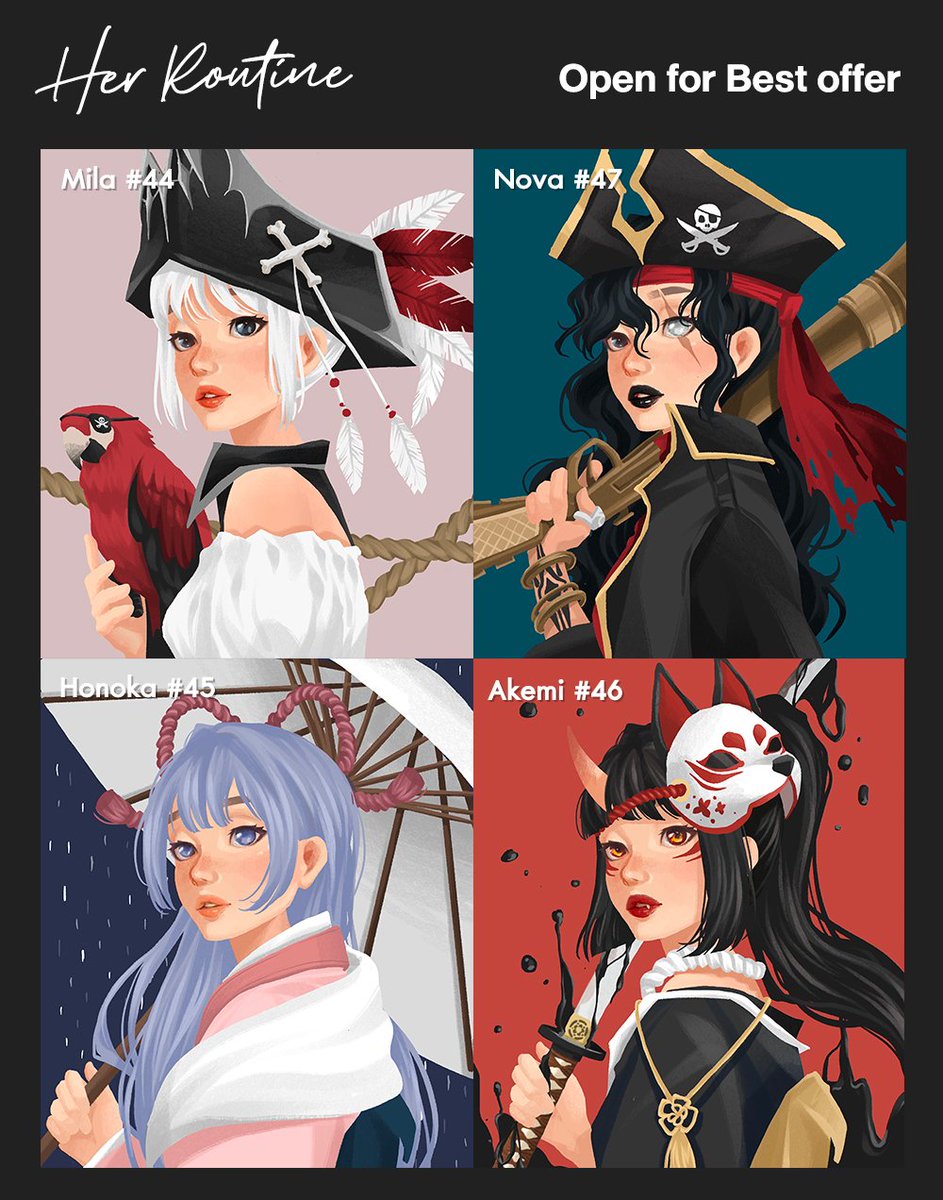 drop today (20 sunday)
📌Auction Start at 9pm.Gmt+7
📌 Auction for 24 hrs.
❤every girl open for best offer
 start at 0.1Eth

🦜Mila #44
opensea.io/assets/0x495f9…
☔️Honoka #45
opensea.io/assets/0x495f9…
🦊Akemi #46
opensea.io/assets/0x495f9…

🏴‍☠️Nova #47
opensea.io/assets/0x495f9…