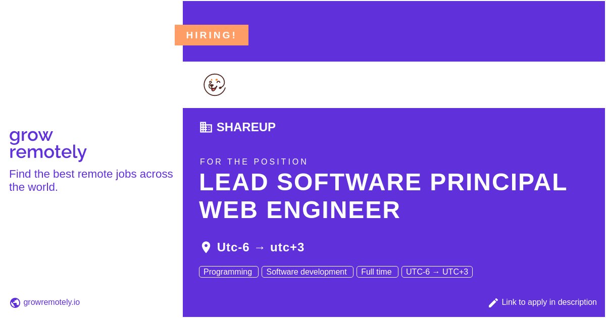 growremotelyio's tweet photo. Check out this job at Shareup for the position Lead Software Principal Web Engineer.
Apply link: https://t.co/LXq2eJuOL4
#hiring #remotejobs #Shareup #Programming https://t.co/Cz38zVUlDx