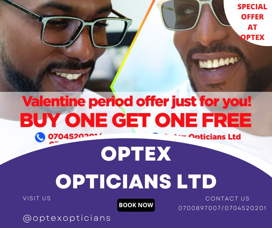 reagan_anyango's tweet photo. Are you in need of two pairs of spectacles for yourself and your loved one?

At Optex Opticians Ltd,we will offer you one free pair if you purchase one with us.

BUY ONE AND GET ONE FREE.
@www.optexopticians
@OptexOpticians
@reagan_anyango
@optex_opticians https://t.co/7Y6rY9neSk