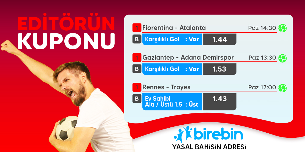 🔥 Editörümüzden, Pazar kombinesi!
📰 HEMEN OYNA -> birebin.com

#hazırkupon #iddaa #bahis #kupon #iddaa #canlıbahis #seriea #ligue1 #süperlig #fiorentina #atalanta #gaziantep #adanademir #rennes #troyes