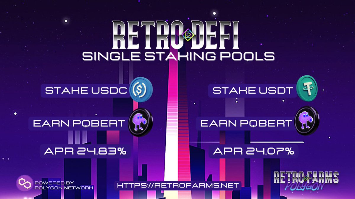 retrodefi's tweet photo. Get the most out of your Stable Coins at https://t.co/rxwcQmTjf6 built on the Polygon Network!
👾Stake Usdc Earn Pqbert 
👾Stake Usdt Earn Pqbert
📉Great APR
Enjoy with your #passiveincome 
Join our telegram Group:
https://t.co/mITybTAXKj
#BSC #PolygonNetwork #DeFi #Crypto #ETH https://t.co/wtITEClcFC