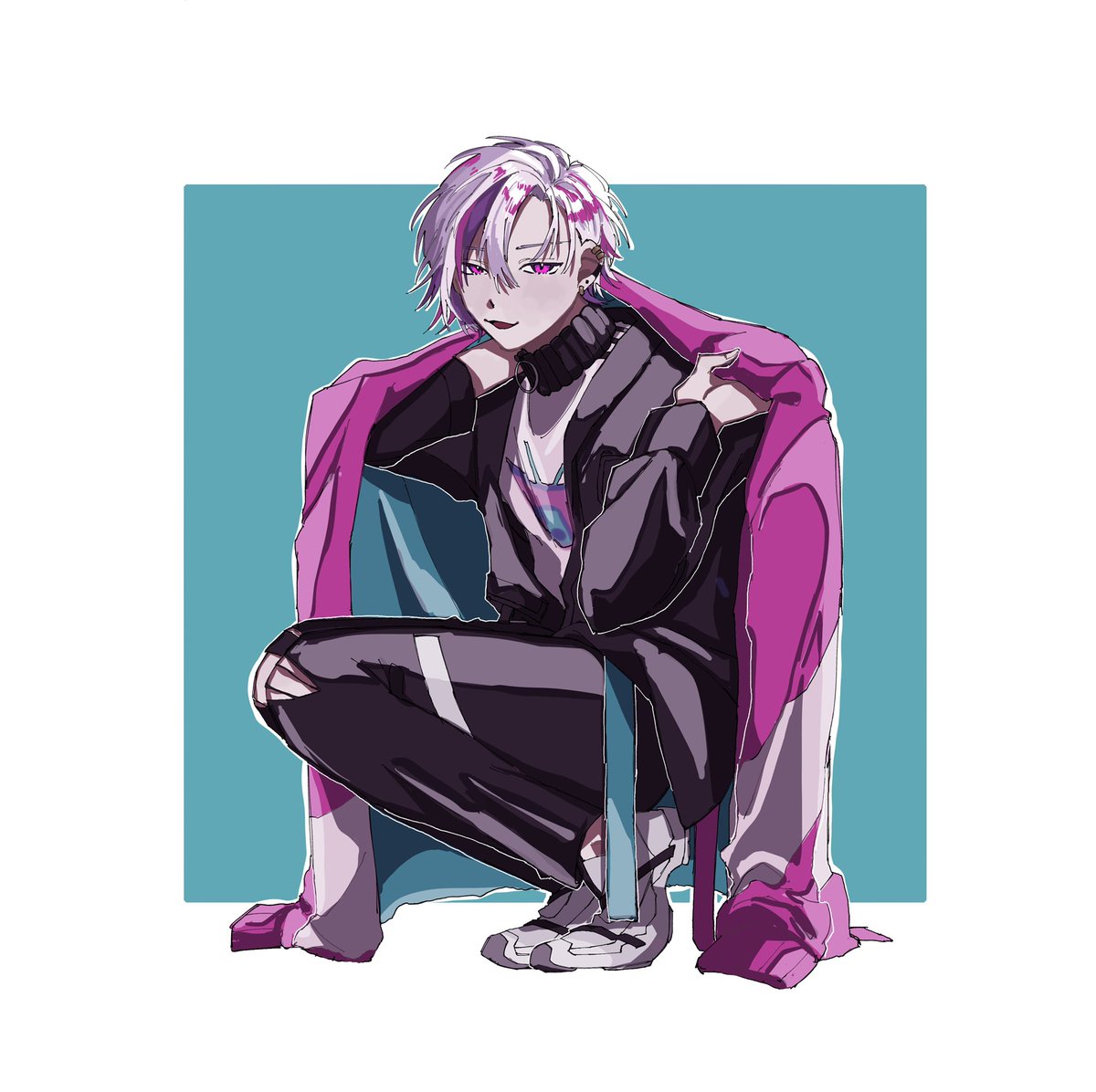 1boy male focus solo squatting jacket purple hair pants  illustration images