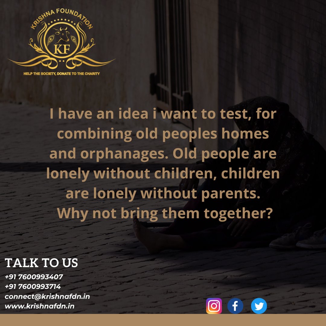 Krishnafdn's tweet photo. Why not bring them together?

#krishnafdn #health #education #support #orphan #children #oldagehome #parents #lonely #help #orphanages #orphanagehome #donation #charity #volunteer #oldpeople https://t.co/JbHcW3TJ9T