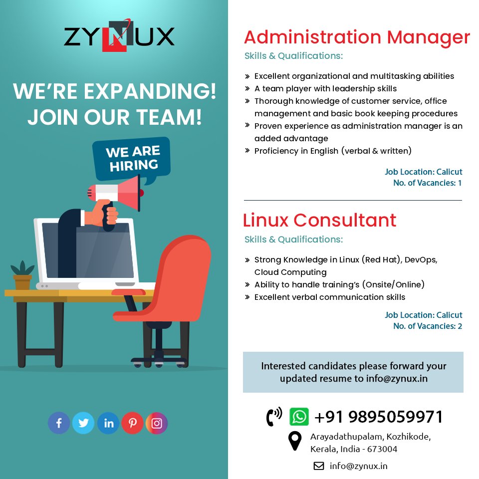 Zynux_for_Linux's tweet photo. We Are Hiring!

Job Role: Administration Manager
Job Location: Calicut
No.of vacancies: 1

Job Role: Linux Consultant
Job Location: Calicut
No.of vacancies: 2

Interested candidates please forward your updated resume to info@zynux.in https://t.co/Pvbb4mxiG3