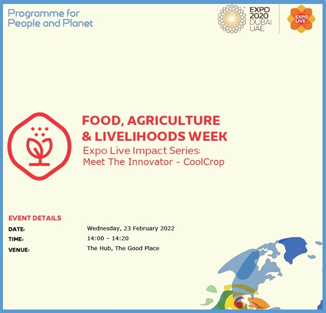 coolcroptech's tweet photo. We are at 'The Good Place'! Excited to be at the Food, Agriculture and Livelihoods Week at @expo2020dubai !
Follow our journey and engagements at the Expo and at @expolivesocial over the next few days! 
#Expo2020Dubai
#ProgrammeForPeopleandPlanet https://t.co/kOwSRrbM4e