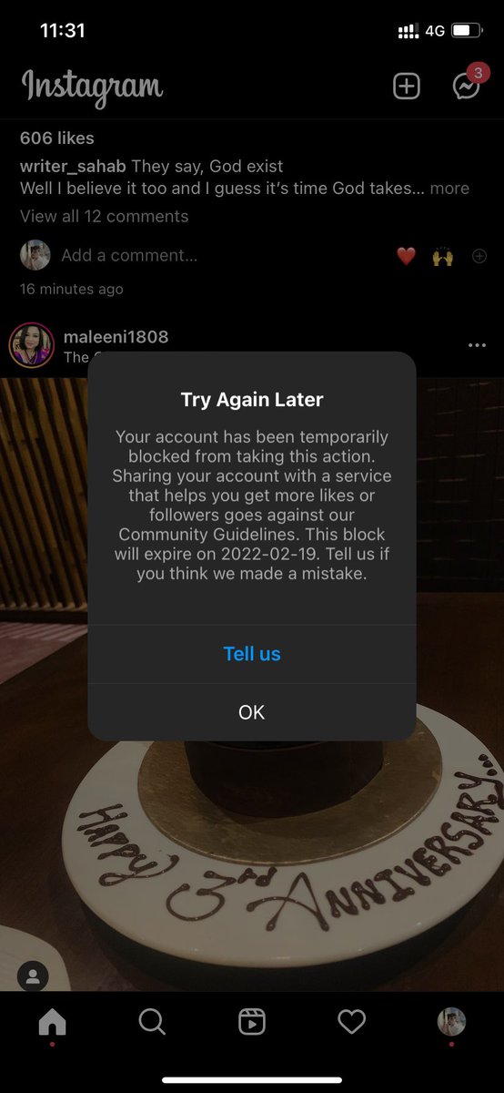VirenMessi's tweet photo. Tried to reach you guys multiple times. However,yesterday was19/02 and today is 20/02 but the ban is not yet lifted but the alert says the same thing… pls find screenshot for your reference… i would appreciate if you could get this removed please.(2/2)@instagram https://t.co/ggu0e9j0IV