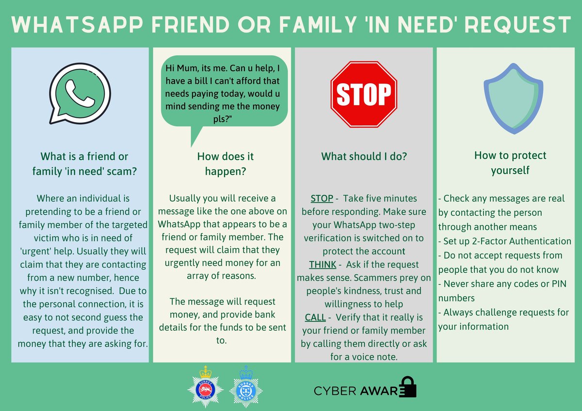 📱We've seen several reports of people receiving fraudulent WhatsApp messages from a number claiming to be their son or daughter and asking for an urgent money transfer. If this happens to you, first call the person on a known contact number to make sure they're in genuine need📱