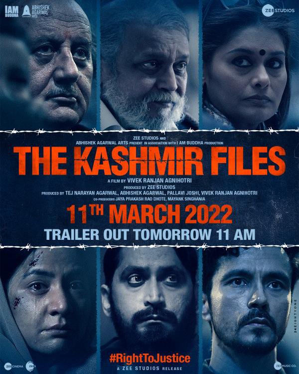 AnupamPKher's tweet photo. Sharing with you all the poster of @vivekagnihotri’s magnum opus #TheKashmirFiles. The most awaited trailer will be out tommorrow - Monday - at 11 AM.  #TheKashmirFilesTrailer!! Jai Mata #KheerBhawani! 🙏 https://t.co/OVOaQoRs0H