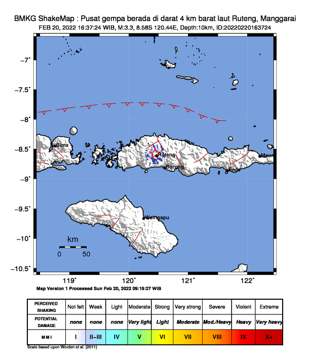 infoBMKG's tweet photo. #Gempa Mag:3.3, 20-Feb-22 16:37:24 WIB, Lok:8.58 LS, 120.44 BT (Pusat gempa berada di darat 4 km barat laut Ruteng, Manggarai), Kedlmn:10 Km Dirasakan (MMI) III Ruteng #BMKG https://t.co/rkcdfn1NqG