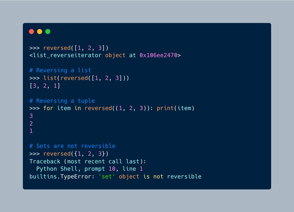driscollis's tweet image. #Python comes with lots of built-in methods. One such method is called `reversed()`, which returns a reverse iterator.
You can use `reversed()` to reverse sequences which have __reversed__() implemented
#python_builtins_by_driscollis 🐍🔥
Here are a few examples: