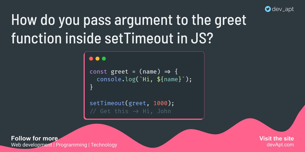 dev_apt's tweet image. 🚀 Quiz #31

How do you pass arguments to the function reference inside setTimeout() in JS?

setTimeout is used to call the function after a delay.🎲

🎯 Don&apos;t learn alone share with fellow devs too.

🛵 Follow up to find the answer and upcoming quizzes.

#javascript #devapt_quiz