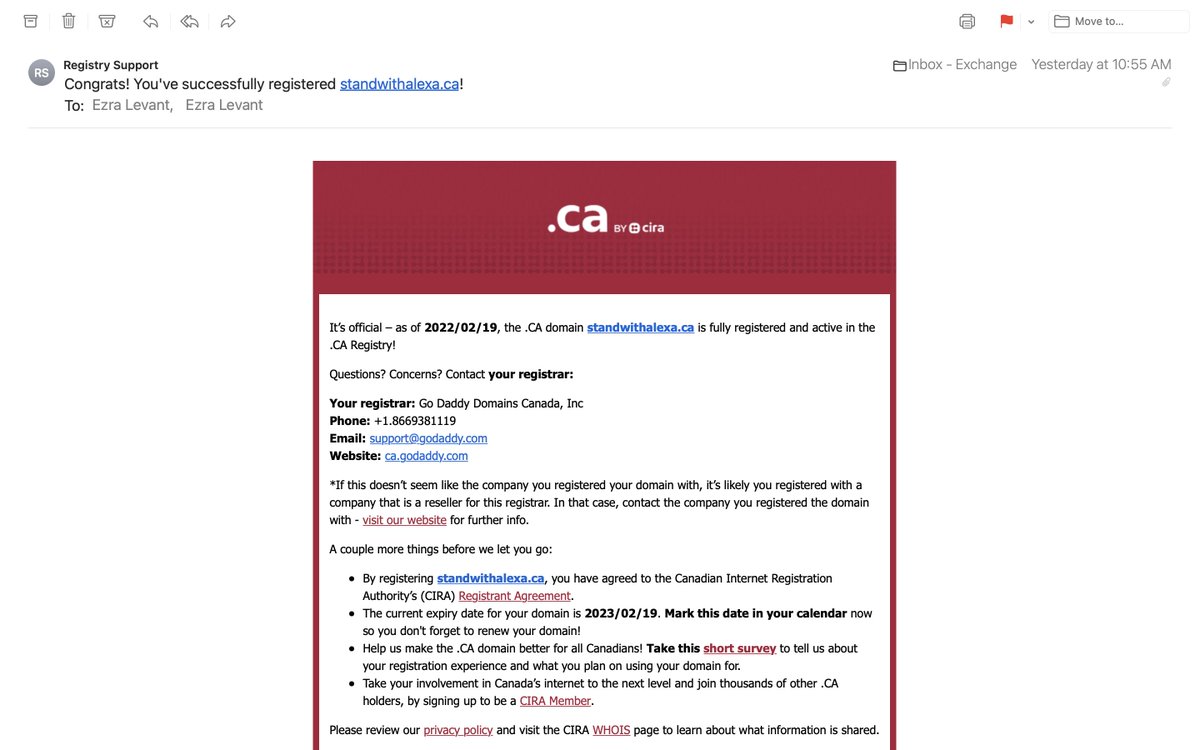 JaySmit99809437's tweet photo. @VarminWay @mathewi I'll admit to not being an expert on godaddy, but Mathew and Ezra both posted different domains as proof. Mathew posted the info on the .com site, which was bought at 10:55z, and Ezra posted the info on the .ca site, which was bought at 17z. Two different domains are in play here https://t.co/JXJYHq3LKW