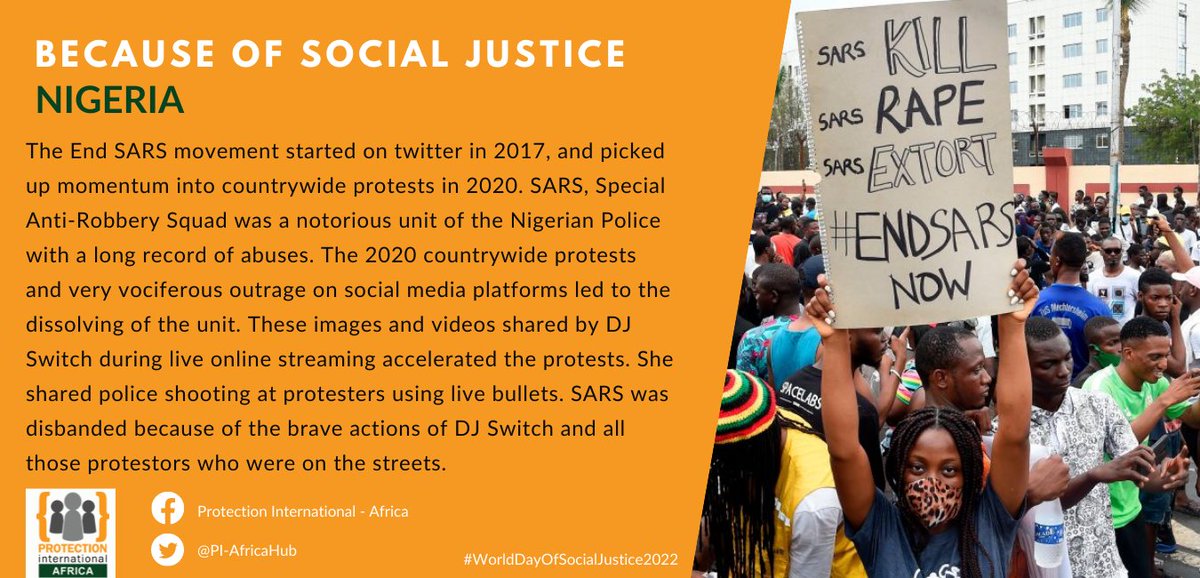 BECAUSE OF SOCIAL JUSTICE:
NIGERIA: #EndSARS 
#Nigeria 
#WorldDayofSocialJustice2022  
#staywithdefenders 
#SocialJusticeDay