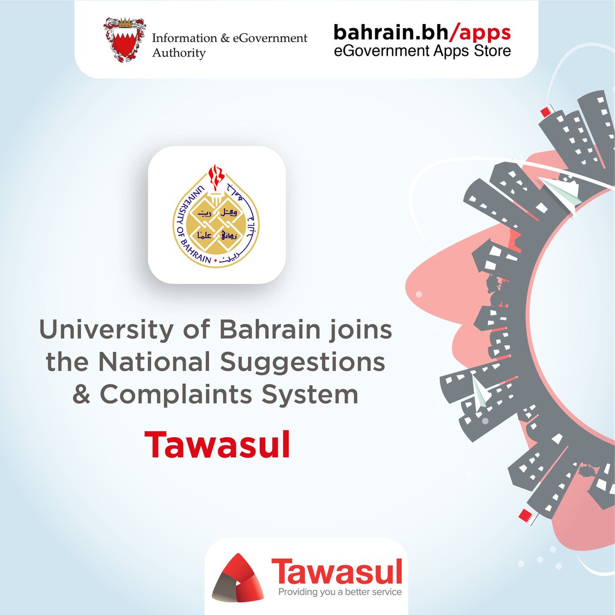 uobedubh's tweet photo. In Implementation of its Digital Transformation Strategy:  
The University of Bahrain Joins “Tawasul” 

#University of Bahrain #National_Suggestions_And_Complaints_System #Contact #Bahrain_Team #Sustainable_Development_Goals #eServices #eApplications #Tawasul_Application https://t.co/99vyscHsX3