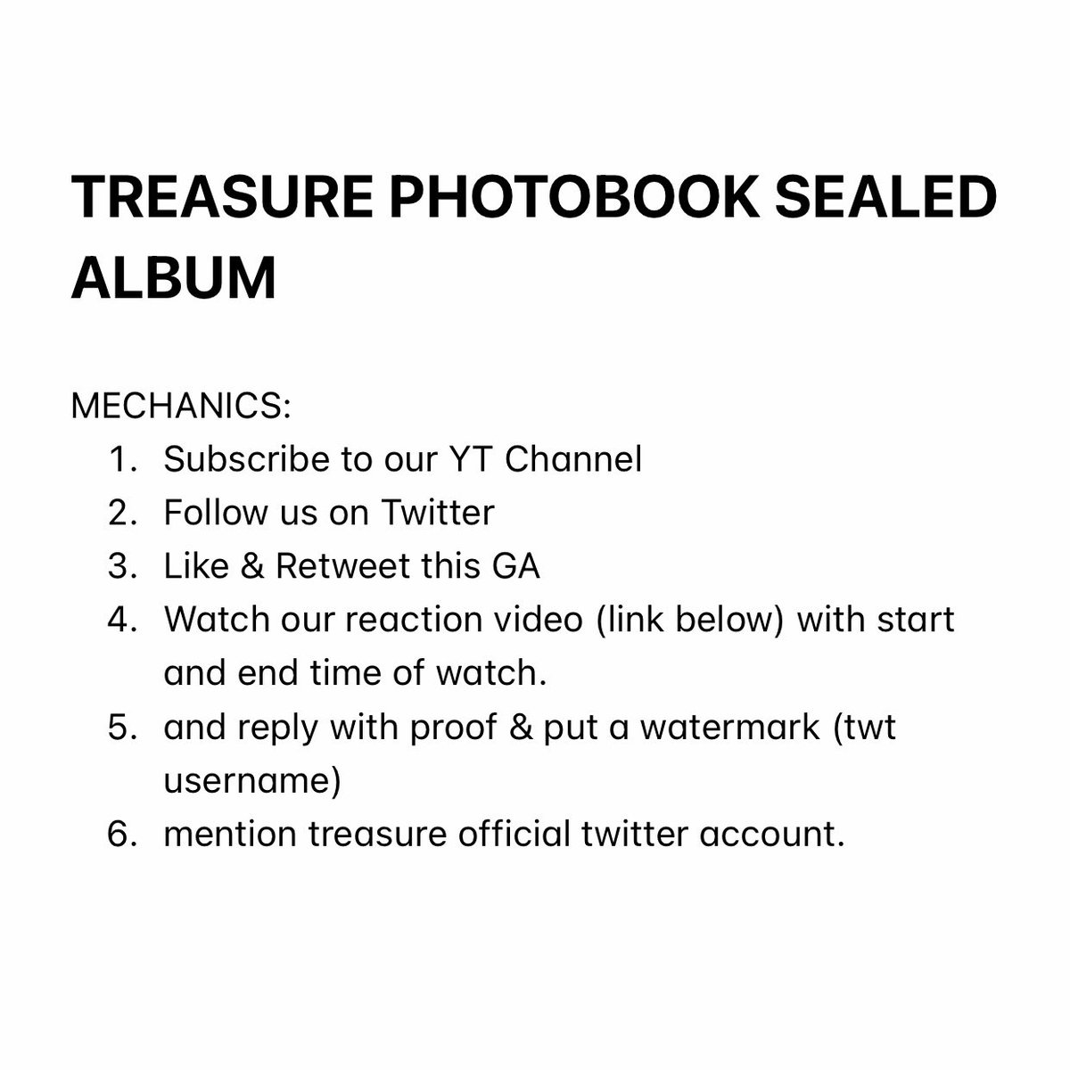 syralyza's tweet photo. PH ONLY 🇵🇭

2 WINNERS OF #TREASURE Sealed Photobook Random Version

*SEE PHOTO BELOW FOR FULL MECHANICS
SF will be shouldered by the Winner 

Good Luck! ✨

📌 Ends on March 5, 1pm https://t.co/ArSPk4Ufp5