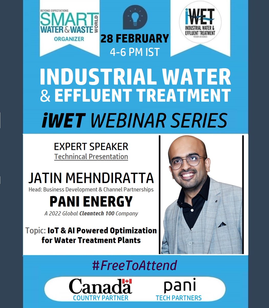 SmartWWW_IN's tweet photo. Attend his session in: Episode 5 of #iWET Webinar, 28 Feb. 2022, 4 PM IST. #Register here: https://t.co/EMBwclL2xg
Organizer: Smart Water &amp; Waste World
Country Partner: Canada | Tech Partner: @PaniEnergy

@kailashps @YDubash @CanadainIndia @CanadaTrade @TCS_SDC @TradeTeamIndia https://t.co/6HIGLXrUub