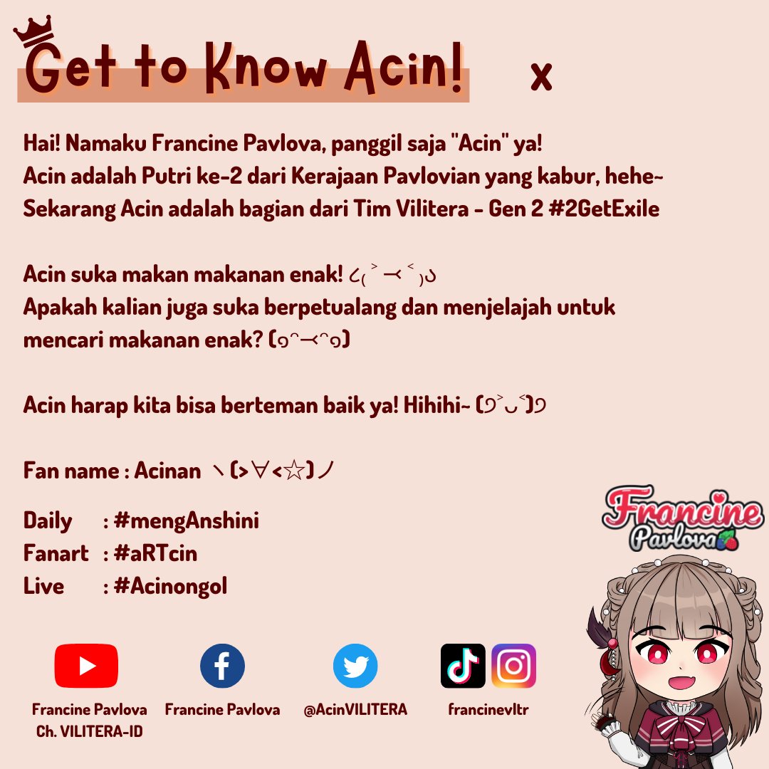 AcinVILITERA's tweet photo. Halo Acinan! 🍰
Salam kenal, Acin disini!

Ini ada sedikit info tentang Acin!
Semoga kita bisa berteman baik ya ><

Kasih Acin jajan di : https://t.co/brcVhiWmid

#mengAnshini #Acinan #aRTcin #Acinongol #2GetExile #Vilitera
#Vtuber #VtuberID #VtuberUprising https://t.co/MNDDOL01tV