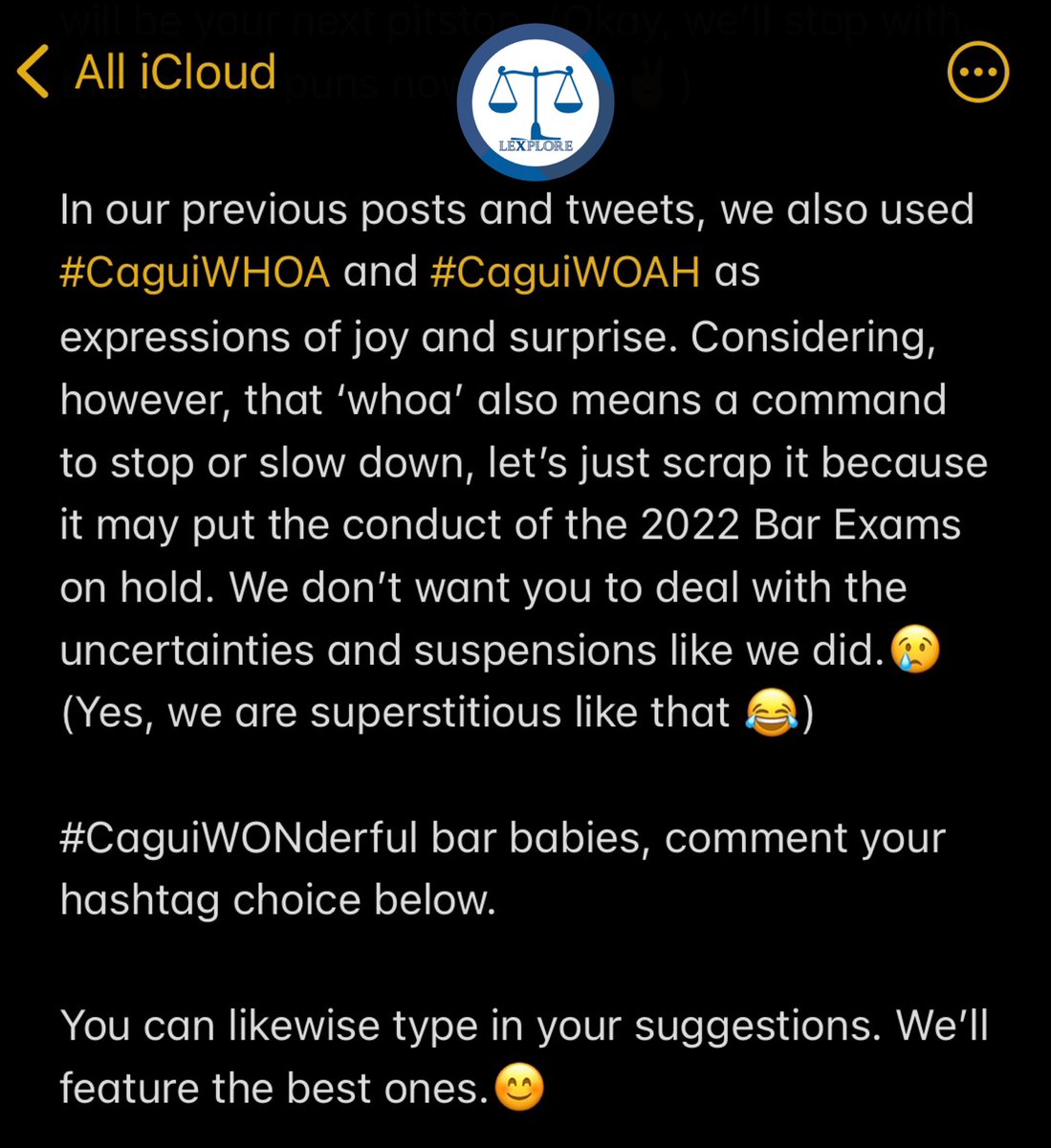 LEXplorePH's tweet photo. #ABCBar2022, #CaguiWOWBar, or #CaguiWONderful?

Caguioa bar babies, comment your hashtag of choice below.

You can likewise type in your suggestions. We’ll feature the best ones.😊 https://t.co/OheMIzaSAO