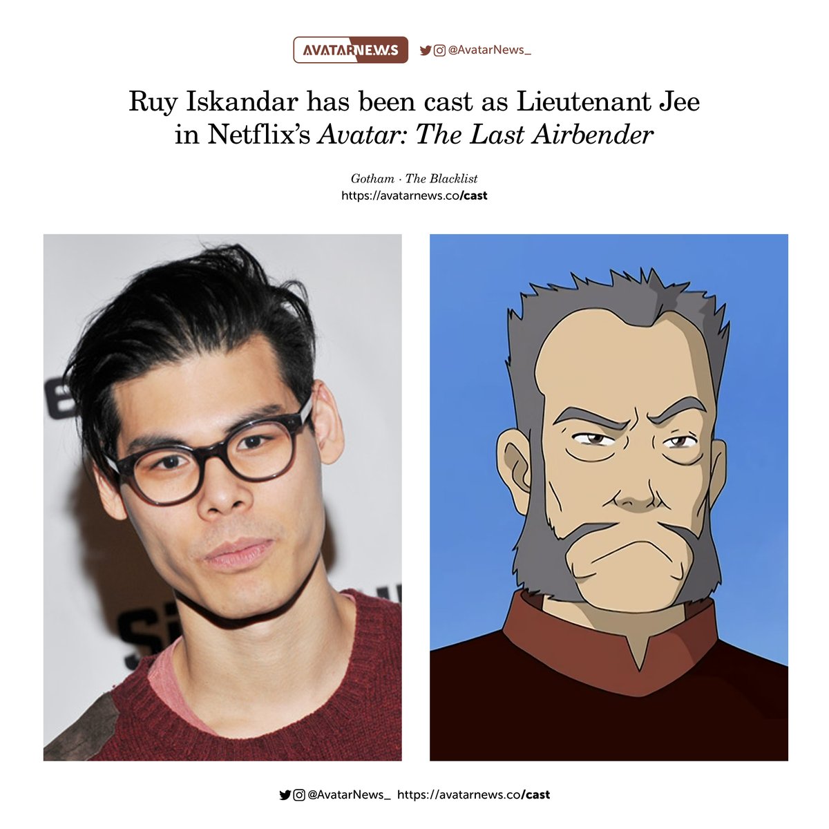 AvatarNews_'s tweet photo. Ruy Iskandar has been cast as Lieutenant Jee in Netflix's live-action Avatar: The Last Airbender series!

He's best known for Gotham and The Blacklist. https://t.co/h3n8iPiOVG