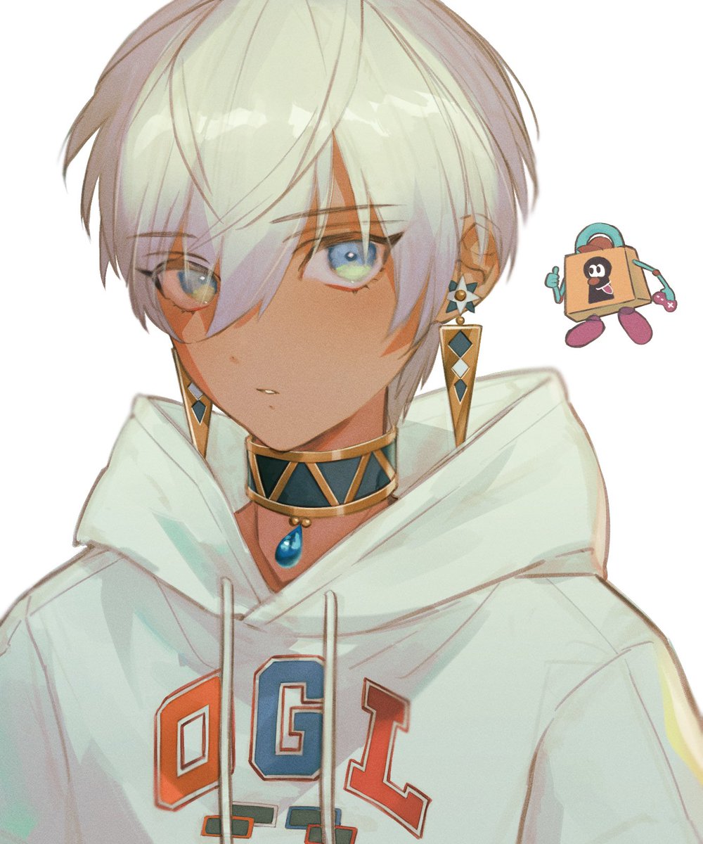 dark skin jewelry earrings hoodie blue eyes hood 1boy  illustration images