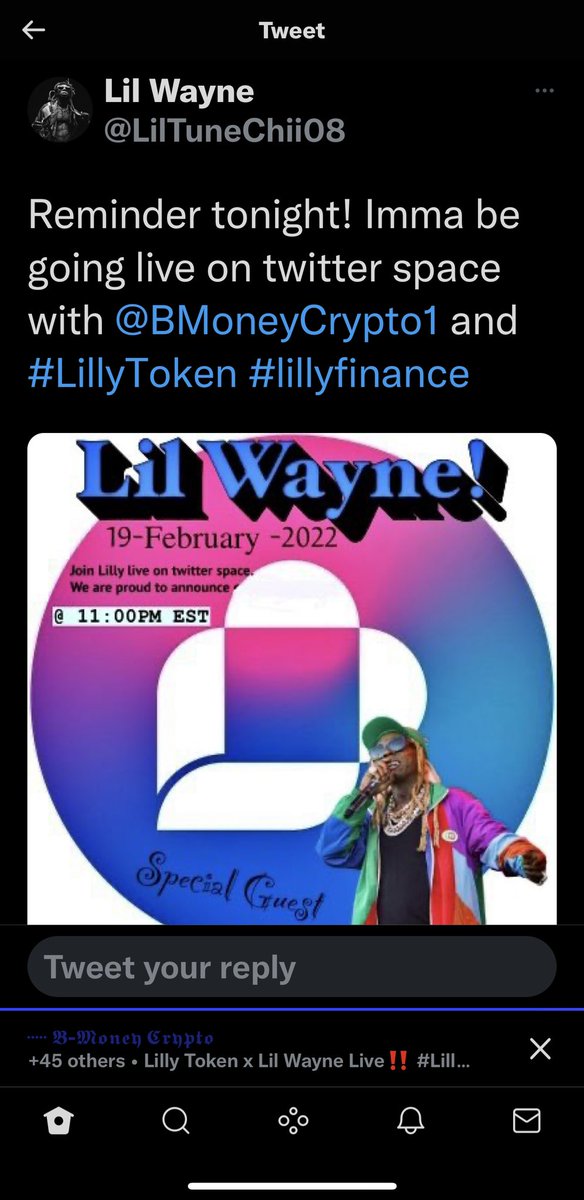supertyer's tweet image. I am lost why faking  Lil wayne sound &amp;amp;making spaces when you look at his twitter he has 3 followers 🤪 WHY what’s the point fake spaces pretending to be someone you are not 🤯 #LillyFinance #LillyToken #Crypto #Bitcoin #ETH #NFTCommunity #lilwayne