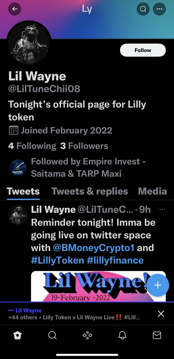 supertyer's tweet image. I am lost why faking  Lil wayne sound &amp;amp;making spaces when you look at his twitter he has 3 followers 🤪 WHY what’s the point fake spaces pretending to be someone you are not 🤯 #LillyFinance #LillyToken #Crypto #Bitcoin #ETH #NFTCommunity #lilwayne