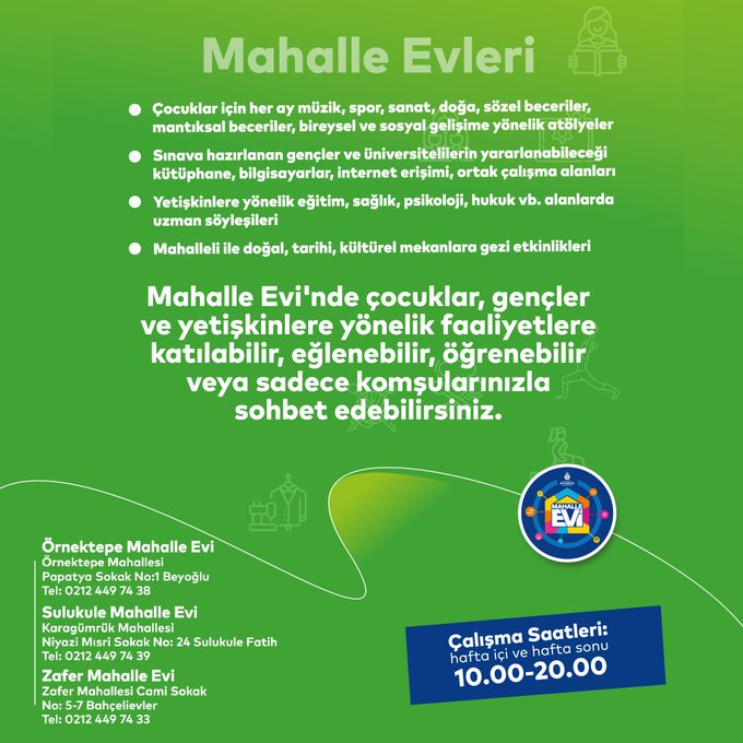 Beyoğlu Örnektepe, Fatih Sulukule ve Bahçelievler Zafer Mahalle Evleri'nde eğitimler, etkinlikler ve psikososyal destek faaliyetleri devam ediyor.

<a href="/ibbsosyalhizmet/">İBB Sosyal Hizmetler Dairesi Başkanlığı</a> ekipleri ve gönüllülerimiz tüm mahallelileri bekliyor. 🤗