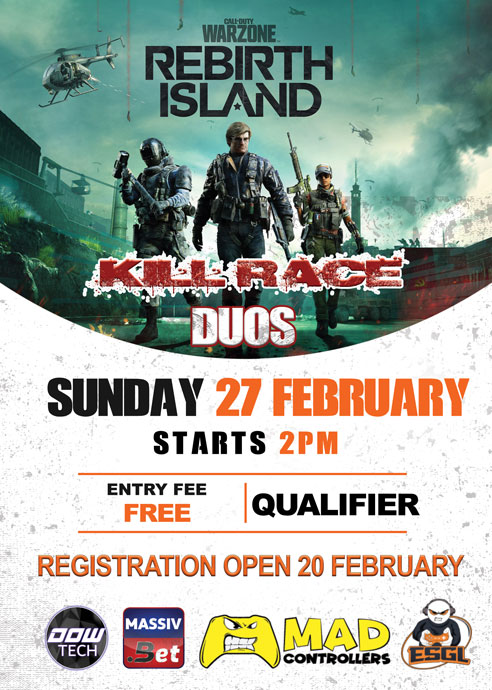 ESGLZA's tweet photo. Our first Warzone tournament is open for registration.

#rebirthisland #Warzone #killrace #duo #eSports 

@dowesportsza @GeN_FaTCaT https://t.co/AFQaVBwUYc