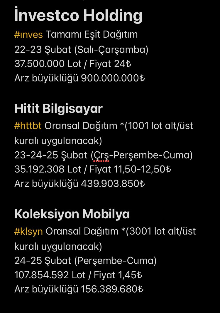 💥Üç Yeni halka arz özet bilgiler tek sayfada;

#ınves Eşit olduğu için katılacağım.✅

#httbt Beğendiğim için 1001 Lot üstü katılacağım.✅

#klsyn Çok küçük arz olduğu için 3001 lot üstü katılacağım.✅

💥 Rt ve beğeni yaparsanız destek olursunuz.

#arz #halkaarz #borsa #huner