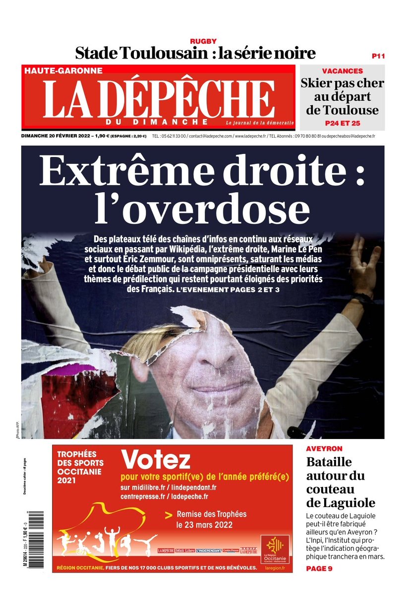 Brevesdepresse's tweet photo. ⚡🇫🇷FLASH - Dénonçant en une "l'overdose", La Dépêche écrit : "Des chaînes d'infos aux réseaux sociaux, l'extrême droite, Le Pen et surtout Zemmour, saturent les médias et le débat public avec leurs thèmes de prédilection qui restent pourtant éloignés des priorités des Français". https://t.co/KDBIoWTPyi