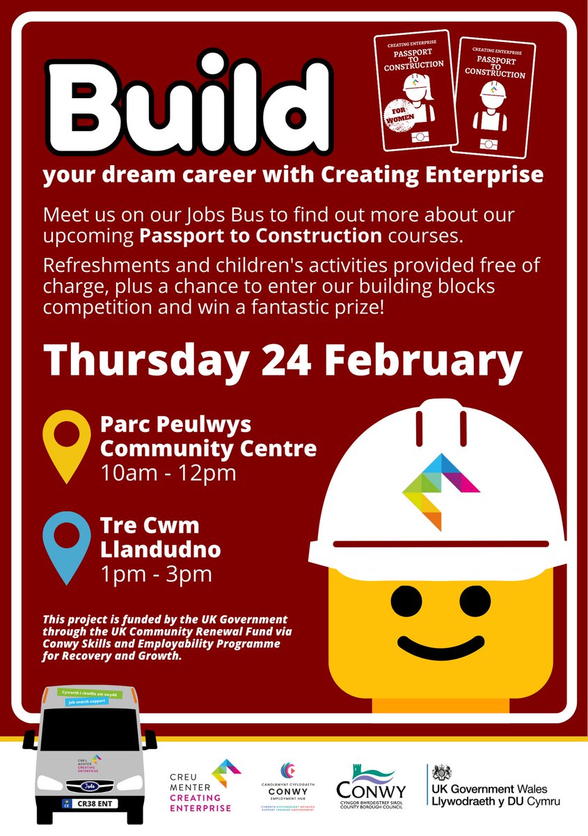 CreatingE's tweet photo. 🚌 RYDYN NI'N ÔL AR Y LÔN!

🚌 Look out for our Jobs Bus in #Peulwys and #Llandudno next week, and pop over for a chat about our upcoming Passport to Construction courses.

🧱 FREE packs of toy building blocks for the kids!

#UKCommunityRenewalFund @ConwyEmployment https://t.co/YdRPSuYBXX