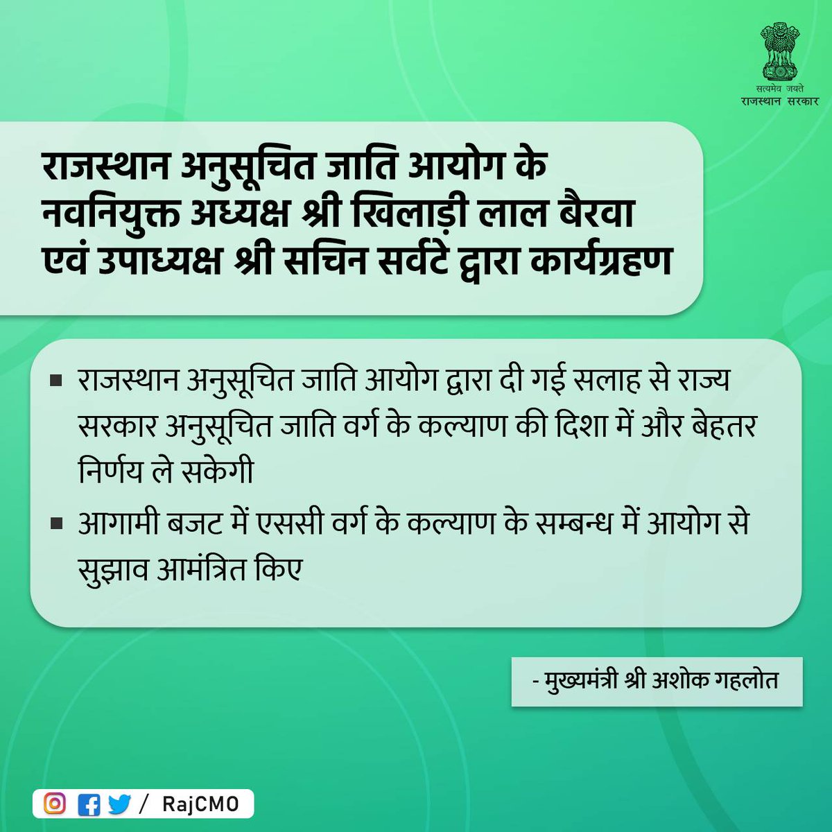 RajCMO's tweet photo. मुख्यमंत्री श्री @ashokgehlot51 ने शनिवार को योजना भवन में राजस्थान अनुसूचित जाति आयोग के नवनियुक्त अध्यक्ष श्री खिलाड़ी लाल बैरवा एवं उपाध्यक्ष श्री सचिन सर्वटे के कार्यग्रहण के अवसर पर दोनों को बधाई दी। https://t.co/yHRQ1bgDz9