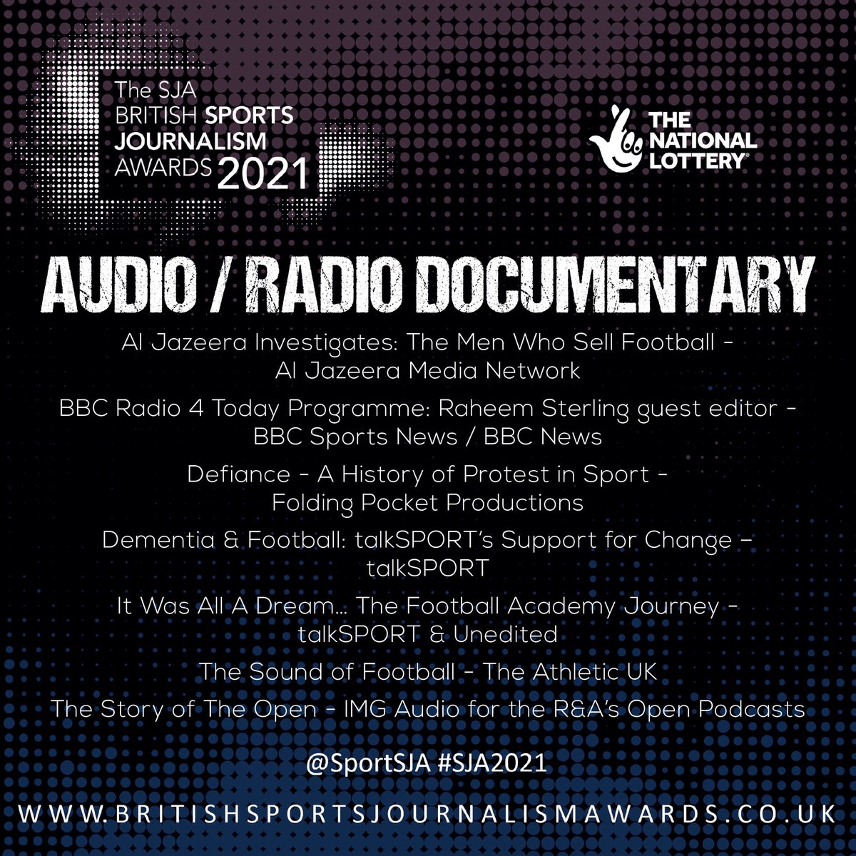AJ_Investigates's tweet photo. The Men Who Sell Football has received two nominations from @SportSJA Awards. 
Our exposé and podcast are shortlisted for best TV &amp; Radio Documentary. 
Winners will be announced on March 7.
#SJA2021 https://t.co/HUFmwXj0eh