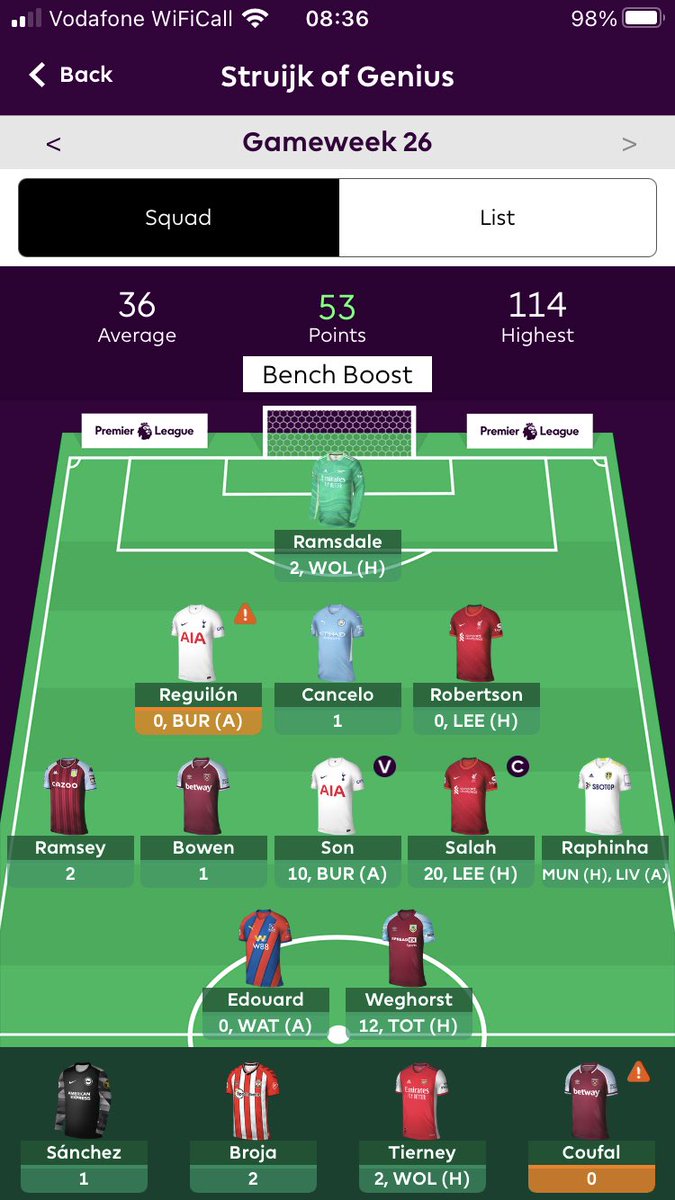 doutherz's tweet photo. @FPL__Raptor Was only supposed to be a -20 but got tempted by Tierney for long term and then Jota injured forced me into a -28 because I was BB. My luck is out this year with Coufal and Reg missing 😔 https://t.co/c6qVoOngKF