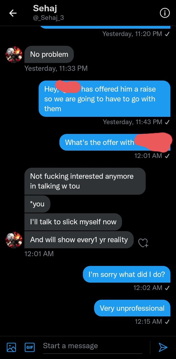 ilybeastz's tweet image. Here you see @IlluminateAstra 's HOD @_Sehaj_3 Says he isn't interested interested in f*cking talking to me anymore after me and one of my clients declined an offer from his team Astra , in my opinion this was super un-called for and unprofessional.

Rt ♻️ to spread awareness