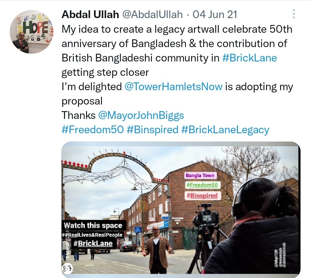 AbdalUllah's tweet photo. On the eve of Ekushey February - 21 February, Shaheed Dibas, I'm delighted to update on the legacy artwall in Brick Lane 
project is going ahead &amp; will be ready before 26th March Bijoy Dibosh 🇧🇩
Thank you @TowerHamletsNow @MayorJohnBiggs @bbpi100
#Freedom50 #Binspired #BrickLane https://t.co/8ZMxumMMej