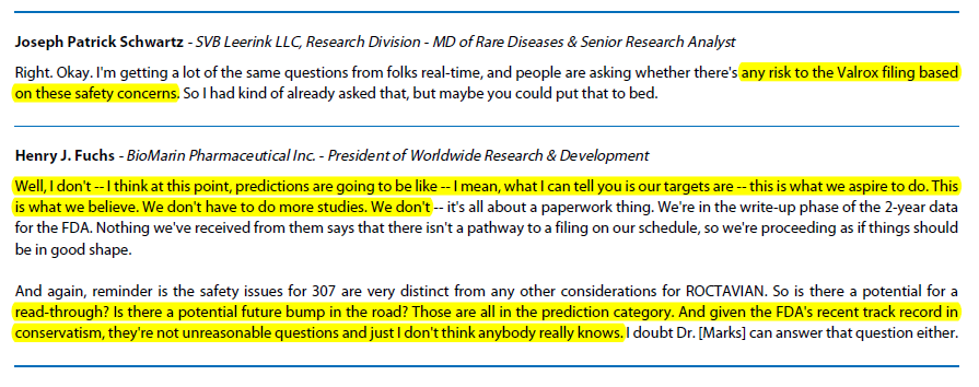 _B_I_O_T_E_C_H_'s tweet photo. Q: any risk to the #Valrox filing based
on these $PKU safety concerns?
$BMRN says: "given the #FDA's recent track record in
conservatism, they're #not #unreasonable questions and just I don't think #anybody really #knows" https://t.co/pgBqwfrA2E