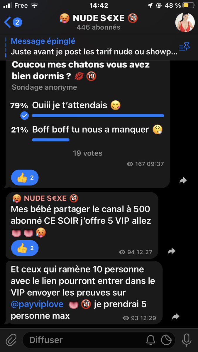 R_NFT24's tweet photo. Le canal a 446 abonné très actif ����👅 Si tu veut une pub pour ton contenu on peut s’arranger en DM 👅👅🥵🥵 https://t.co/ydPUreU5p0 https://t.co/LKXOpqh1MT